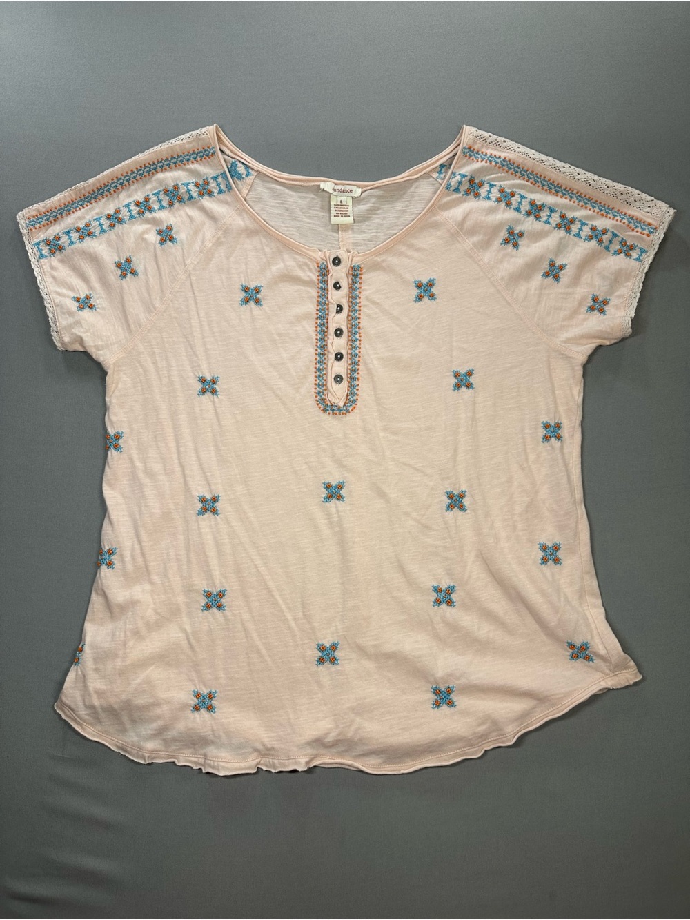 Sundance Short-Sleeve Henley-Style Beaded Accent Top - Womens Large